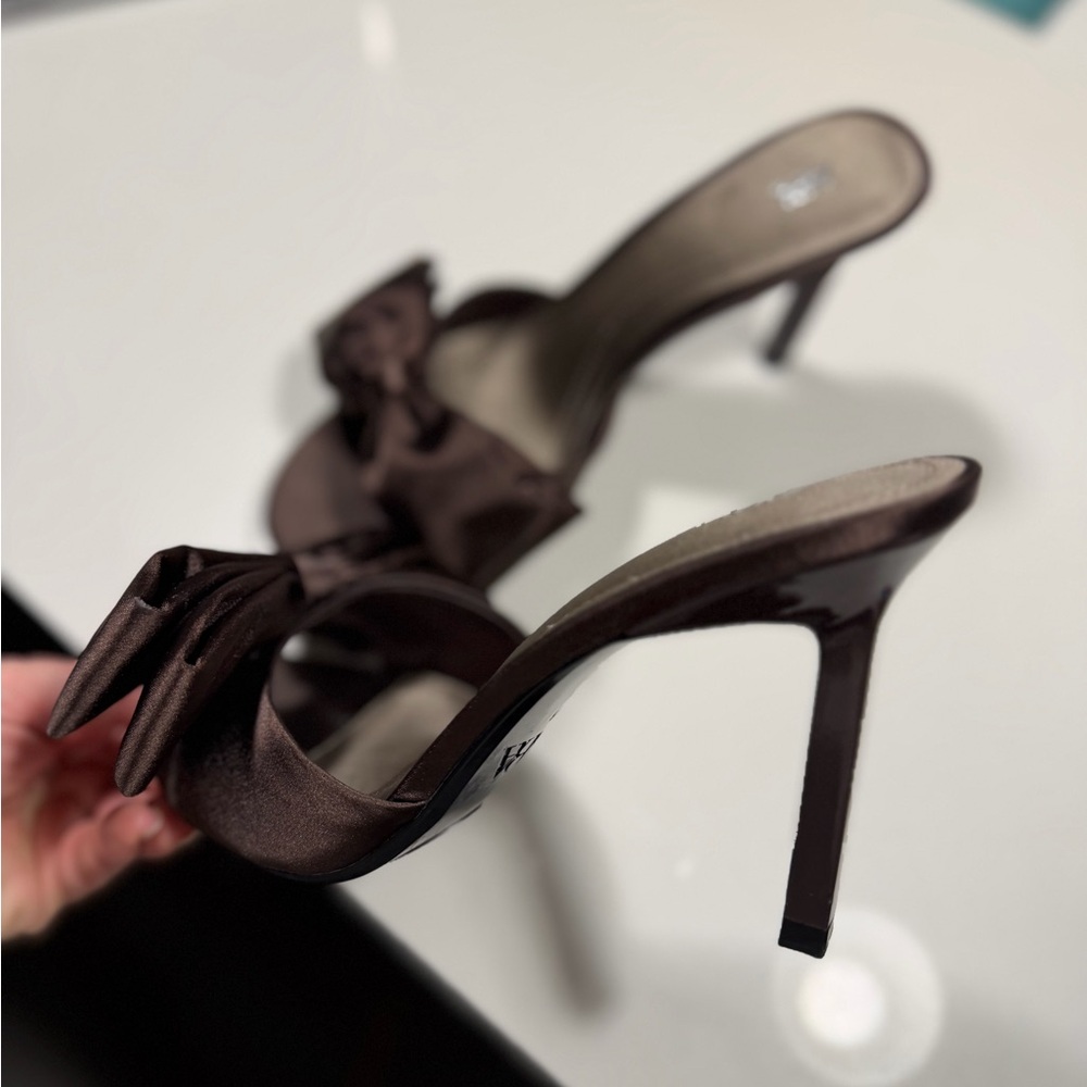 Zara Dark Brown Satin Heels with Bow - Picture 3 of 3